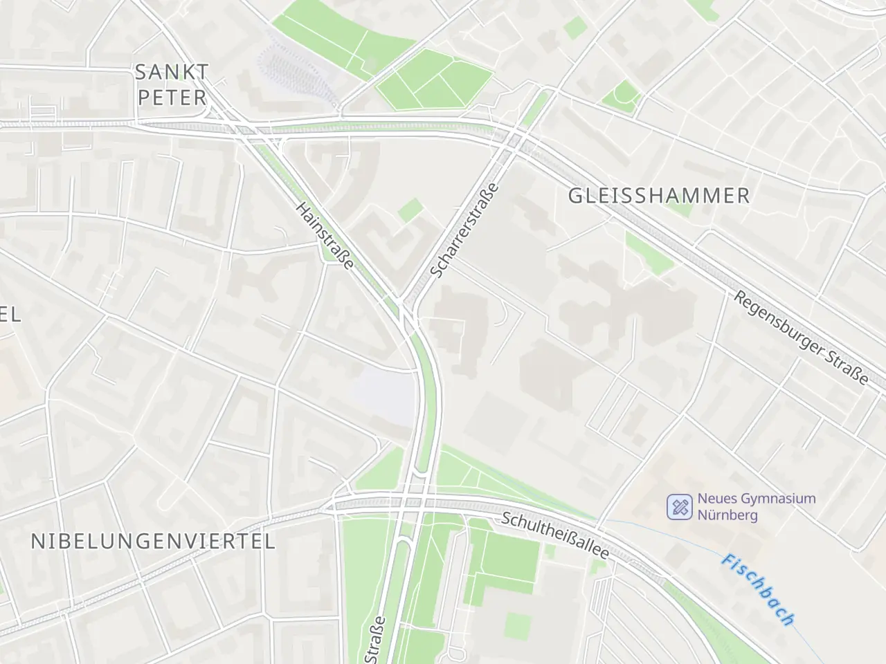 Kartenausschnitt Nürnberg-St. Peter mit der Zahnarztpraxis St. Peter in der Hainstraße 25, nahe Scharrerstraße und Peterskirche