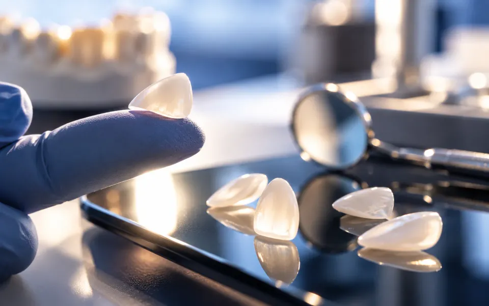 Dünne Keramik-Veneers in natürlichen Zahnfarben auf einem Farbmuster