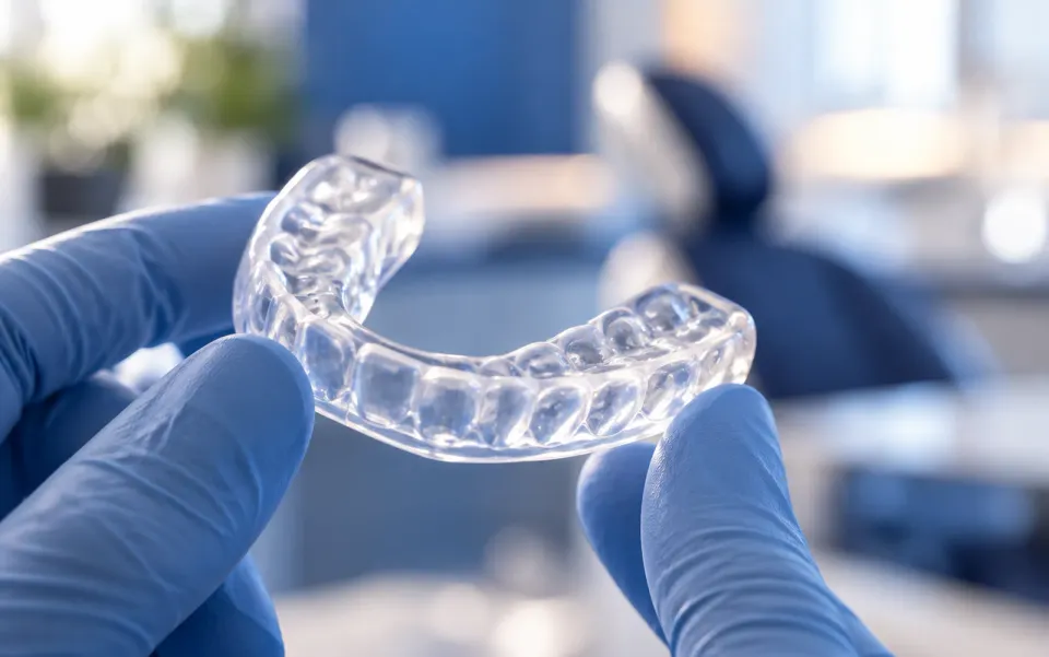 Transparente individuell angefertigte Aufbissschiene auf einem Zahnmodell